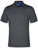 A dark grey men's polo shirt featuring a collar, short sleeves, and a logo on the left chest.