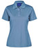 A blue ladies' polo shirt with a collared neckline and three-button placket, featuring a brand logo.