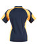 A women's polo shirt featuring navy blue and yellow panels, displaying a sporty design and a logo on the back.