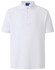A white men's polo shirt featuring short sleeves and a three-button placket. It has a logo on the chest.