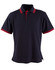 A navy polo shirt with red stripes on the collar and sleeve cuffs. It features a logo on the chest.