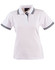 A white ladies' polo shirt with black stripes on the collar and sleeves, featuring a logo.