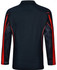 A black long sleeve polo shirt featuring red panels and mesh detailing, with a logo on it.