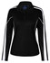 A black long sleeve polo shirt with white detailing and mesh sleeves, featuring a collar and a logo.