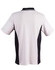 A back view of a kids' polo shirt featuring a white body and black contrast panels, with a collar and logo.