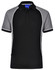 A black and grey tri-colour polo shirt with short sleeves and a collar, featuring a logo.