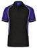 A black and purple kids' polo shirt with a collar and contrasting piping, featuring a logo on the front.