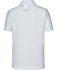 A white kids' short sleeve polo shirt featuring a collar and a logo on the back.