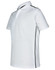 A white polo shirt featuring contrast detailing along the sides and a collar, with a logo present.