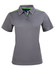 A grey ladies' short sleeve polo shirt with contrasting green detailing and a logo.