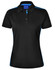 A black ladies' polo shirt with short sleeves and blue contrast detailing, featuring a collar and buttons.