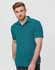 A teal men's bamboo charcoal polo shirt with a collar and short sleeves, featuring a logo.
