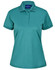 A teal ladies' polo shirt with a collar and short sleeves, featuring a logo on the neckline area.