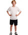 Kids cooldry sports shorts in black, paired with a white sports t-shirt. The outfit is modelled by a young boy.