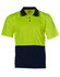 A short-sleeved polo shirt in hi-vis yellow and navy blue, featuring a collar and a pocket, with a logo.
