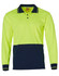 A long-sleeved work polo shirt in high-visibility yellow with a navy blue bottom panel and a pocket. It has a logo.