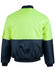 A hi-vis two-tone flying jacket featuring a bright yellow upper and navy blue lower sections, with a logo on the sleeve.