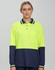 A long-sleeve safety polo shirt in high-visibility yellow with a navy blue lower section and a chest pocket.