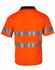 An orange short-sleeve safety polo shirt featuring reflective 3M tape stripes. The shirt has a navy collar and branding.