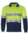 A long-sleeve safety polo shirt in fluorescent yellow and navy, featuring reflective stripes and a pocket.