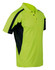 A bright hi-vis yellow and black safety polo shirt with a collar and short sleeves, featuring a pocket and logo.