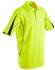 A high-visibility short-sleeve polo shirt in bright yellow with black accents and a pocket. It features a logo.