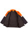 A Hi-Vis two-tone safety jacket in orange and navy blue, featuring reflective 3M tapes. The interior is dark with no visible branding.