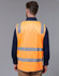 An orange safety vest featuring reflective stripes, worn by a person from the back, with a dark shirt underneath.
