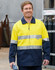 A Hi-Vis two-tone work jacket in yellow and navy with reflective 3M tapes, featuring a logo on the chest.