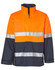 A bright orange and navy safety jacket featuring reflective 3M tapes and multiple pockets. It has a brand logo.