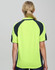A women's high-visibility polo shirt in bright lime green with contrasting dark sleeves and collar, featuring a logo.