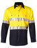 A yellow and navy long-sleeve safety shirt featuring reflective silver stripes and a logo.