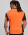 A hi-vis polo shirt in bright orange with black accents and a branding logo on the back.