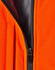 A close-up of an orange quilted safety jacket featuring a black zipper and lining. It has a logo on the fabric.