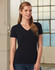 A black ladies' V-neck short-sleeve tee, featuring a fitted style and a logo. The model is smiling in a bright setting.
