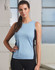 A light blue and navy contrast singlet for women, featuring a fitted design and a branding logo.
