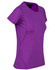 A purple ladies' t-shirt with a fitted design and side panel details. It features a logo on the tag.