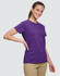 A purple semi-fitted cotton tee for ladies, featuring short sleeves and a simple design with a logo.