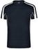 A black short-sleeve t-shirt with white side accents and a logo on the collar.