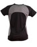A black and grey ladies' t-shirt featuring a sleek design and mesh panels for breathability.