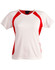 A ladies' premier tee shirt featuring white fabric with red accents and a logo on the neckline.