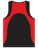 A men's sprint singlet featuring black fabric with red accents and a logo present.