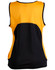 A women's singlet featuring a yellow front and black back, with a mesh design and a logo.