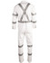 A white coverall with grey reflective stripes, featuring a logo and designed for night safety.
