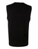 A black V neck wool and acrylic knit vest, featuring a sleeveless design and ribbed bottom hem.