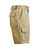 Khaki heavy cotton drill shorts featuring side cargo pockets and a branded logo.