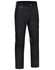 A pair of black work pants featuring rip-stop fabric, pockets, and a logo on the side.