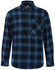 A unisex button-up flannel shirt in navy and light blue plaid, featuring a chest pocket and a logo.