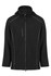 A black soft shell jacket with a hood, featuring zippered pockets and contrasting trim.