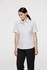 A short sleeve button-up shirt in white, featuring a fitted design and a collar, with a logo present.